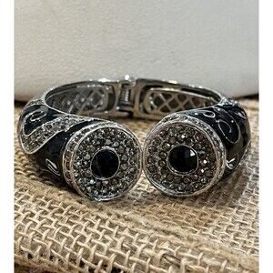 Vintage Runway Fashion Bangle Bracelet Black Rhinestones Silver Filigree